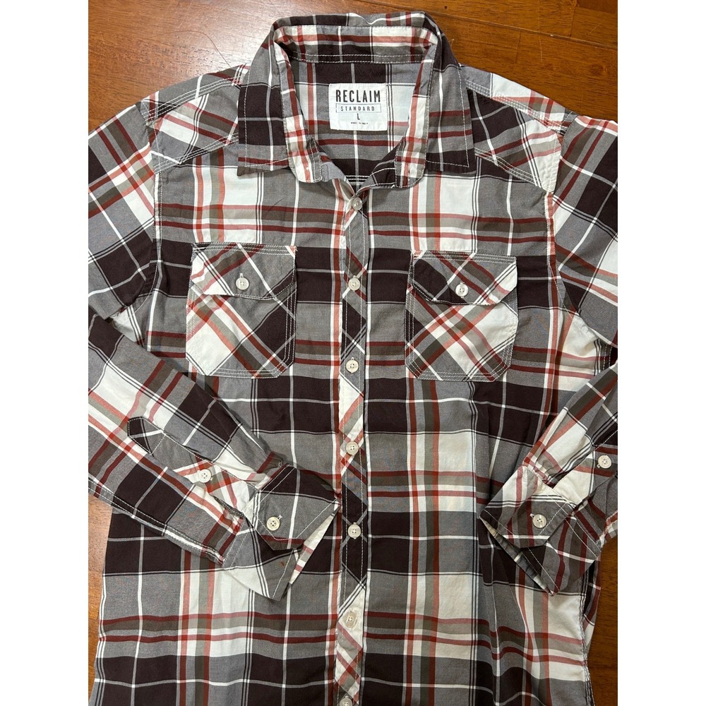 Reclaim Button Down Shirt Mens Large Brown Plaid Long Sleeve Flannel Style